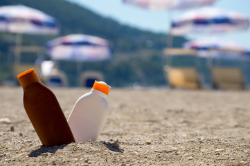 Sunshine protection. Suncream. Skin care. Vacation. Travel. Holiday near the sea. 