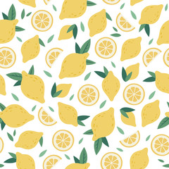 Citrus seamless pattern. Lemon cartoon funny hand drawn graphics, decorative doodle print with juicy yellow citrus, fresh lemons and green leaves vector background illustration. tropical fruit texture