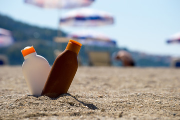 Sunshine protection. Suncream. Skin care. Vacation. Travel. Holiday near the sea. 