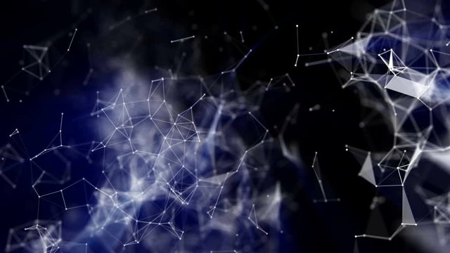 white particles with a blue glow slowly fly over a black background. Animated abstract background. 3d render