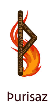 Runa Thurisaz. Vertical projection. Scandinavian. Runes Element of Fire, the flame around the runes