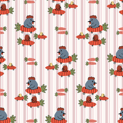 Hand drawn cute chickens in easter carrot car seamless pattern. Vector vegetable vehicle on gingham background. Root and hen all over print. Spring chick hen and rooster. EPS 10. 
