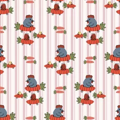 Wallpaper murals Animals in transport Hand drawn cute chickens in easter carrot car seamless pattern. Vector vegetable vehicle on gingham background. Root and hen all over print. Spring chick hen and rooster. EPS 10. 