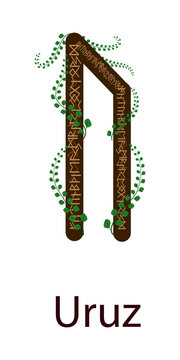 Fleece Uruz. Vertical projection. Scandinavian. Rune elements Earth, green shoots around the runes