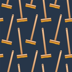 Cartoon style mops with brush for cleaning seamless pattern on blue background