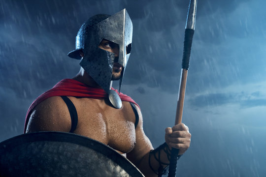 Spartan Warrior With Spear And Shield.