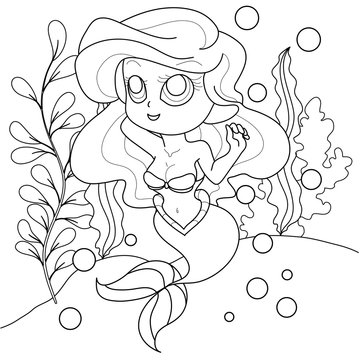 Mermaid vector picture illustration. Coloring page line art of an adorable young fairy tale mythical characters.