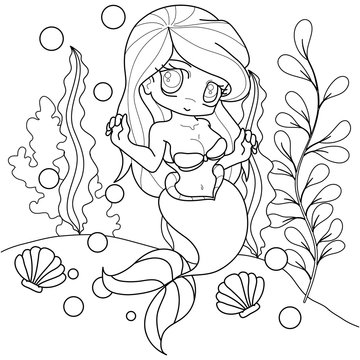 Gorgeous princess mermaid. Cute cartoon character, kawaii anime chibi style. Vector illustration for little mermaid coloring book.