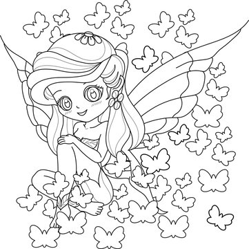 Spring little fairy girl with wings, Outlined for coloring book isolated on a white background, vector illustration.