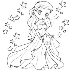 Cute Cartoon Little Princess. Outlined for coloring book isolated on a white background, vector illustration.