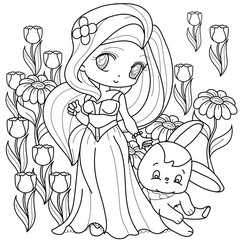 1401 Princess 12Beautifull Little Princess, Fantasy black and white image. Outlined on white background for  kids coloring book. Vector illustration.