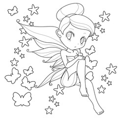 Cute little fairy with wings, white background for coloring page, vector illustration.