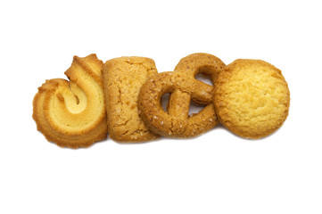 Variety Christmas Danish style butter cookies biscuit isolated on white background . Snack for Season's greetings.