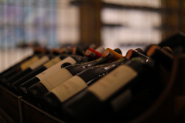 Wine bottles collection on the wineshop