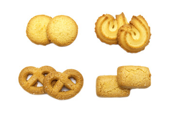 Variety Christmas Danish style butter cookies biscuit isolated on white background . Snack for Season's greetings.