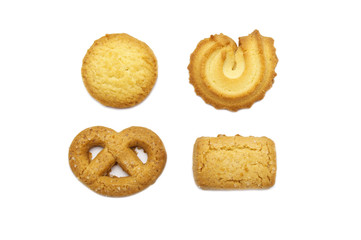 Variety Christmas Danish style butter cookies biscuit isolated on white background . Snack for Season's greetings.