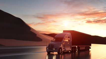 Fototapeta na wymiar Semi trailer. Truck on the road, highway. Transports, logistics concept. 3d rendering