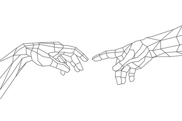 Adam and God hands stylized triangle polygonal model on white isolated background. Vector illustration  - obrazy, fototapety, plakaty