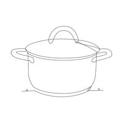 Pan with lid one line drawing on white isolated background. Vector illustration