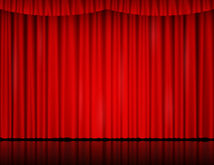 Red velvet curtain in theater or cinema. Vector background with closed stage curtains with drapery and reflection on glossy floor. Red fabric drapes lit by searchlight