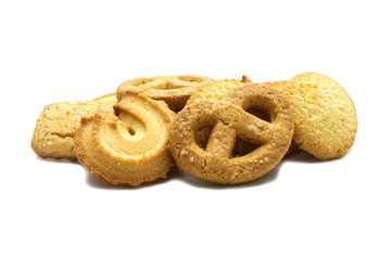 Variety Christmas Danish style butter cookies biscuit isolated on white background . Snack for Season's greetings.