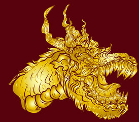 Dragon head isolate on white background.sticker dragon tattoo.Gold dragon on red background.