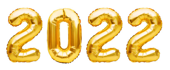 Golden Christmas 2022 balloons isolated on white background. Helium balloons, gold foil numbers. Numbers for Happy New Year 2022. Party decoration, sign for holidays, celebration, carnival