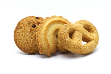 Variety Danish style butter cookies biscuit isolated on white background . Snack for Season's greetings.