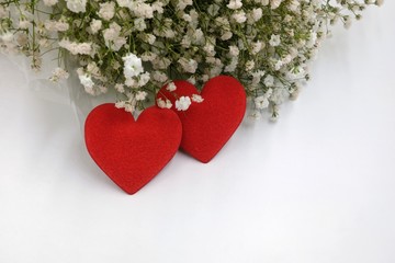 Two fabric red hearts shape and gypsophila flowers on white background
