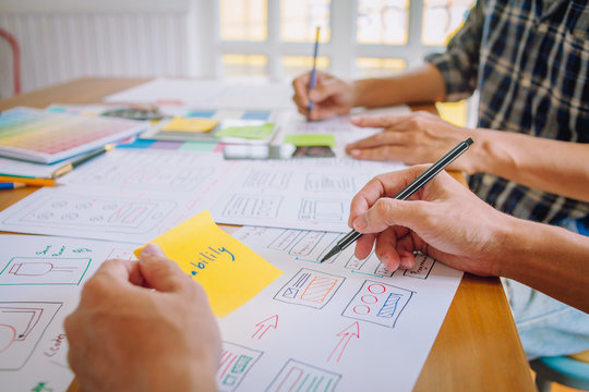 The web designer team is helping to design applications for mobile phones. UX UI designer concept