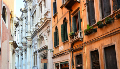 Colorful facades of Venetian buildings, Venice, Italy