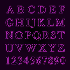 Glowing neon pink alphabet with letters from A to Z and numbers from 1 to 0.