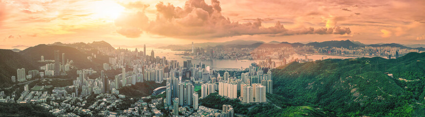 Aerial View Of panorama Hong Kong City at sunset.