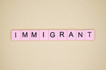 Immigrant word wooden cubes on yellow background.