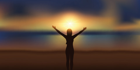 happy girl with raised arms looking at magic sunset on the beach vector illustration EPS10
