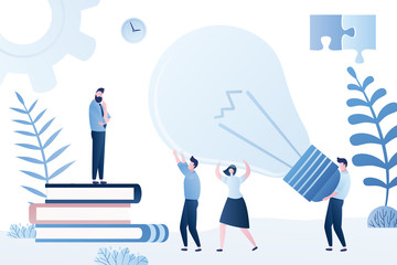 Businesspeople holding big idea bulb. Male boss or chief thinking and need new ideas.