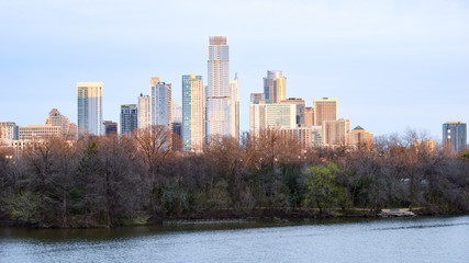 Fototapeta premium Downtown Austin sits on the banks of Lady Bird Lake. 