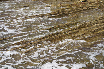 Photography of the rock texture. Detail of cliff in Zumaia in Basque Autonomous Community / country in summer cloudy day in Bay of Biscay. Ornamental pattern of mountain surface. High resolution image