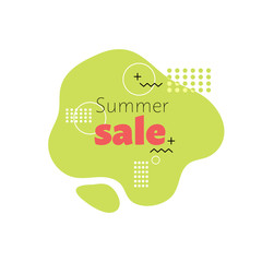 Promotional banner in memphis style with text summer sale, advertising template. Stock vector illustration.