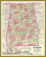 Antique restored reproduction at a map of the state of Alabama used in the Alabama State Gazetteer and Business Directory, 1884-85. 