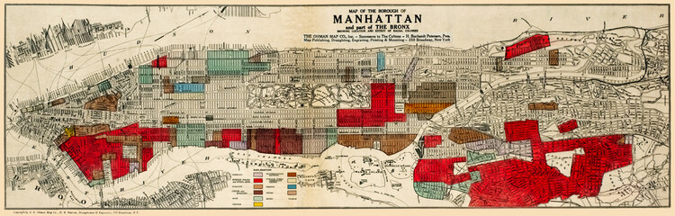  Map of of Manhattan and part of the Bronx showing location of racial populations published 1920, restored reproduction.