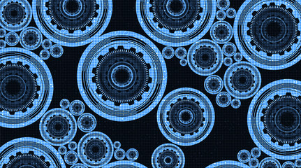 Vector Soft Blue Digital Technology Gears wheel and Cock with Circuit Line Background.