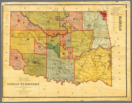 Indian Territory (Oklahoma), 1885. Map (restored reproduction), shows land designated as Indian Territory. Shows land designated for Native Americans before general settlement of the future state.