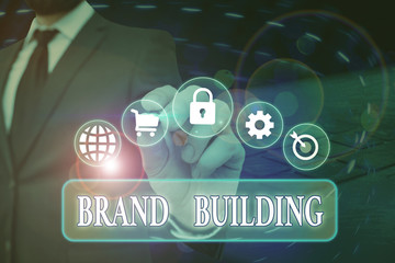 Conceptual hand writing showing Brand Building. Concept meaning activities associated with establishing and promoting a brand