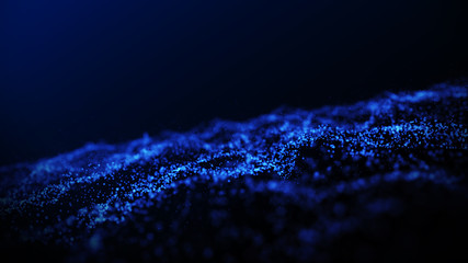 Digital dark blue and glow dust particles abstract background with flare shining floor particle stars dust. Beautiful futuristic glittering in space on black background.