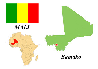 Republic of Mali. Capital of Bamako. Flag of Mali. Map of the continent of Africa with country borders. Vector graphics.