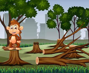 Deforestation scene with monkey and timber illustration