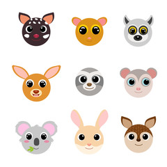 Funny cute animal heads. Cartoon characters. Flat vector stock illustration on white background.