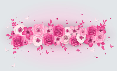 Spring Festive flowers design, decorations, paper cut style banner with flower, butterfly. Background of spring plants for 8 March, International Women's Day, Happy Mother's Day, Happy Easter day