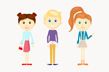 A group of cute cartoon kids girls and a boy.